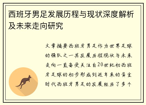西班牙男足发展历程与现状深度解析及未来走向研究