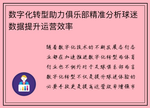数字化转型助力俱乐部精准分析球迷数据提升运营效率