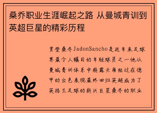 桑乔职业生涯崛起之路 从曼城青训到英超巨星的精彩历程